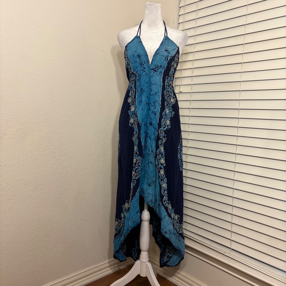 Creations Blue Batik Embroidered Halter Handkerchief Hem Maxi Dress Free Size